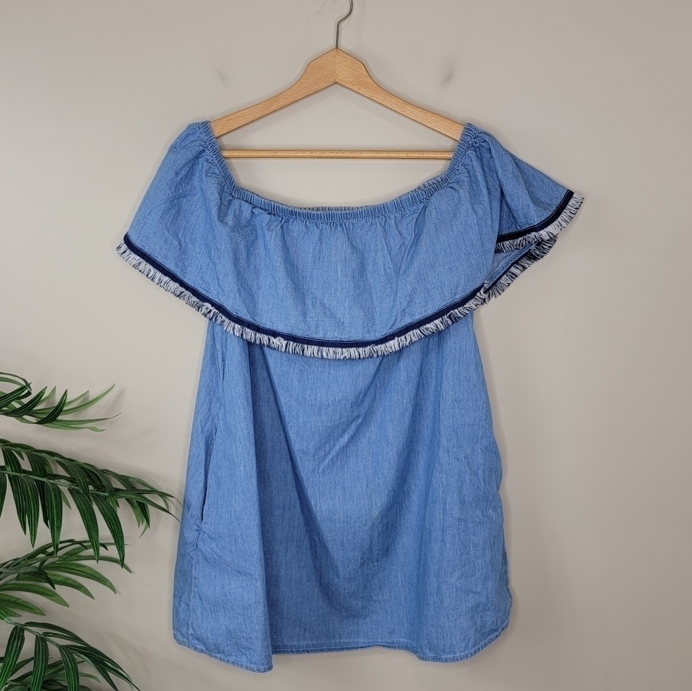 Cover Stitched Boho Chambray Fringe Off Shoulder Top Size Large Casual Spring
